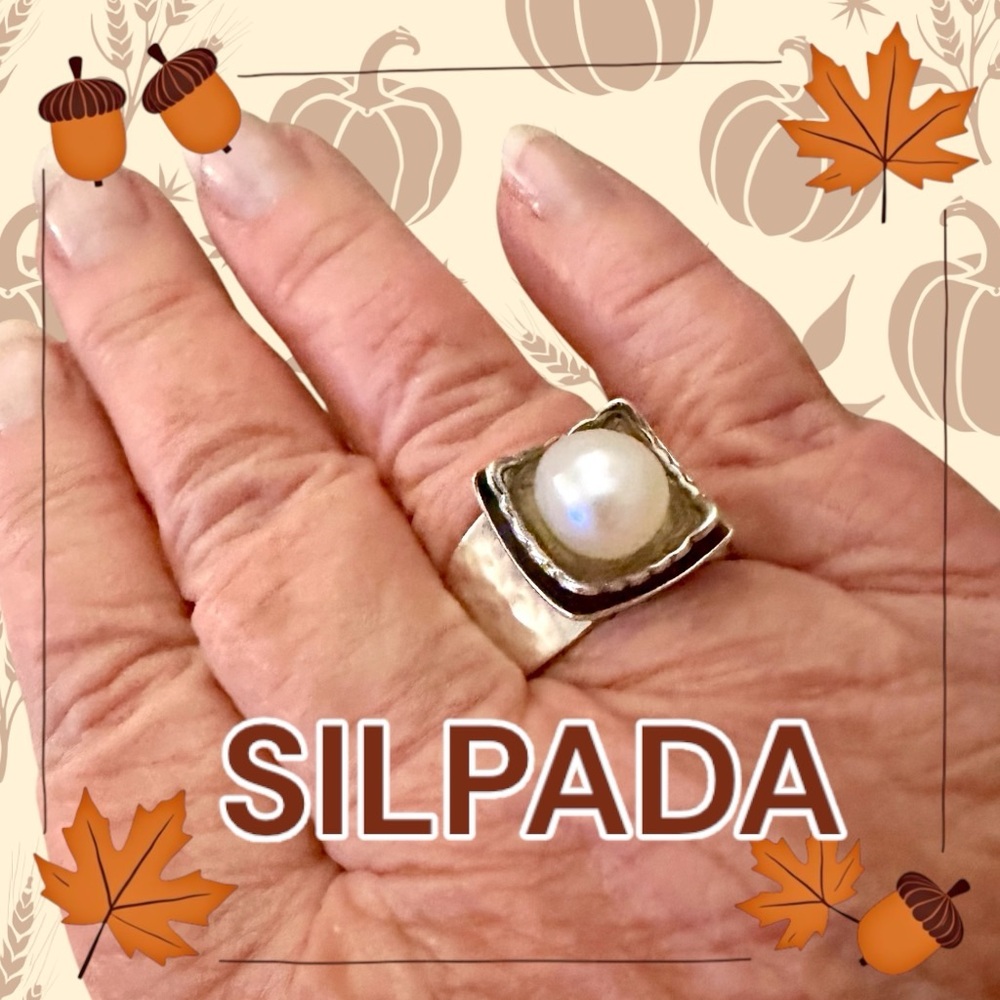 SILPADA Sterling Silver Pearl Ring R0898 | Hammered Wide Band Size 7 Gift Box - Picture 5 of 11